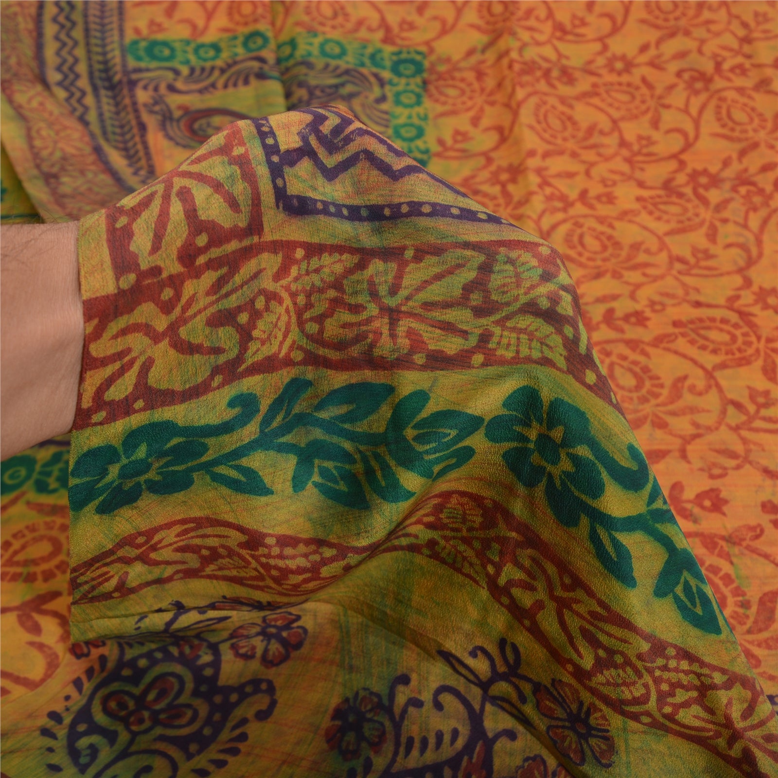 Sanskriti Vintage Sarees Mustard Hand Block Printed Pure Crepe Silk Sari Sustainable Fabric