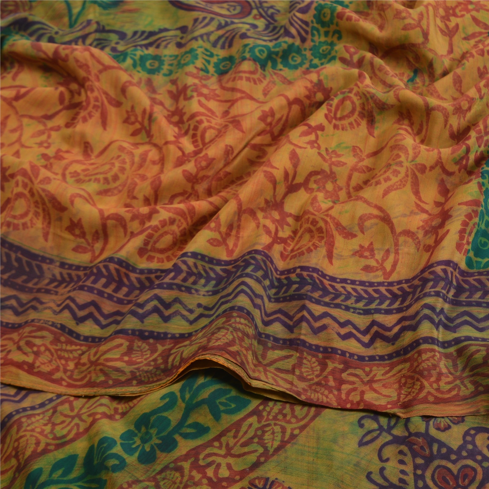 Sanskriti Vintage Sarees Mustard Hand Block Printed Pure Crepe Silk Sari Sustainable Fabric