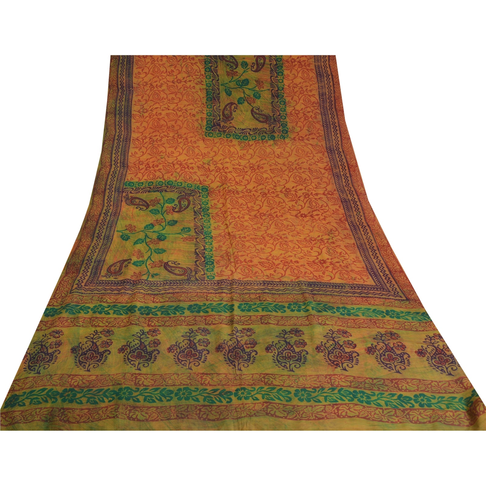 Sanskriti Vintage Sarees Mustard Hand Block Printed Pure Crepe Silk Sari Sustainable Fabric