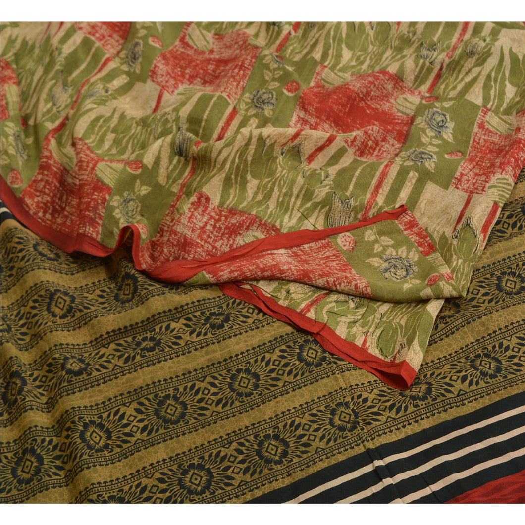 Sanskriti Vintage Sarees Green/Red Pure Crepe Silk Printed Sari 5yd Craft Fabric