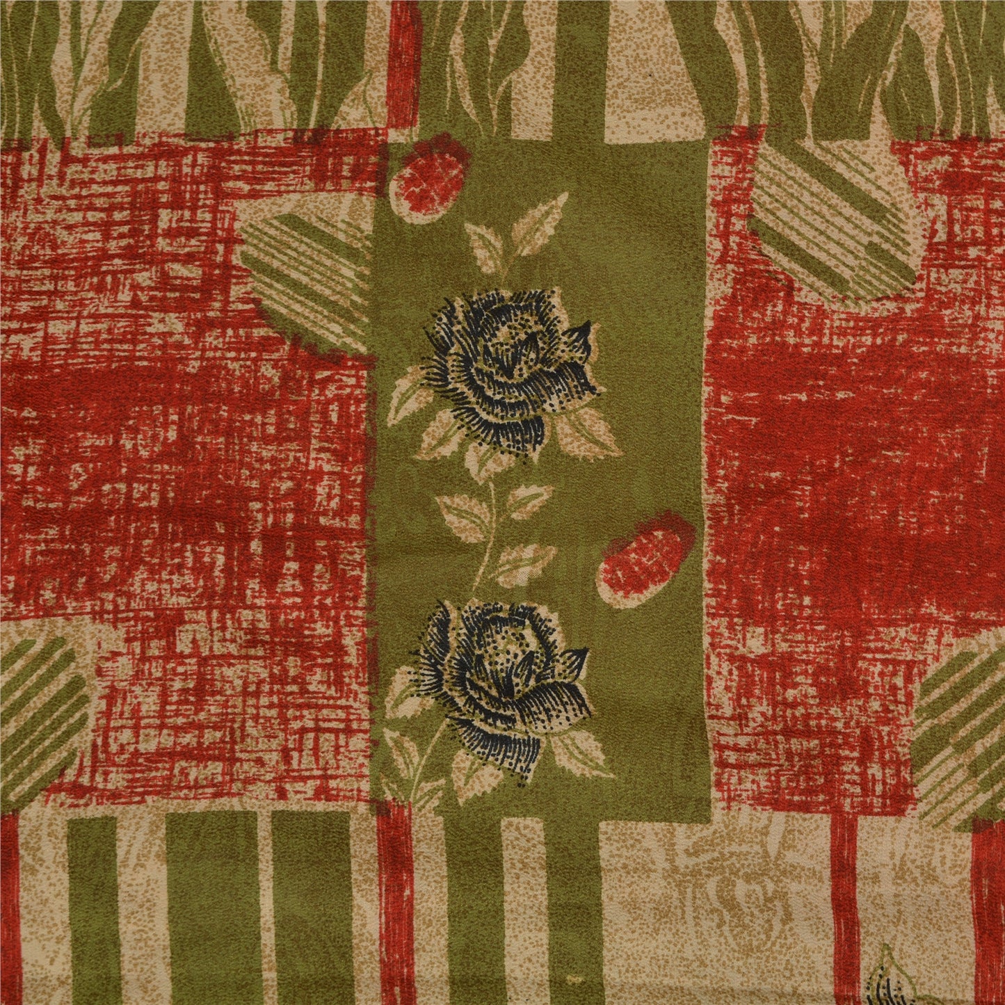 Сари Sanskriti Vintage, зеленое/красное, чистый креп-шелк, напечатанное сари, 5 ярдов, ткань для рукоделия, устойчивая к истиранию