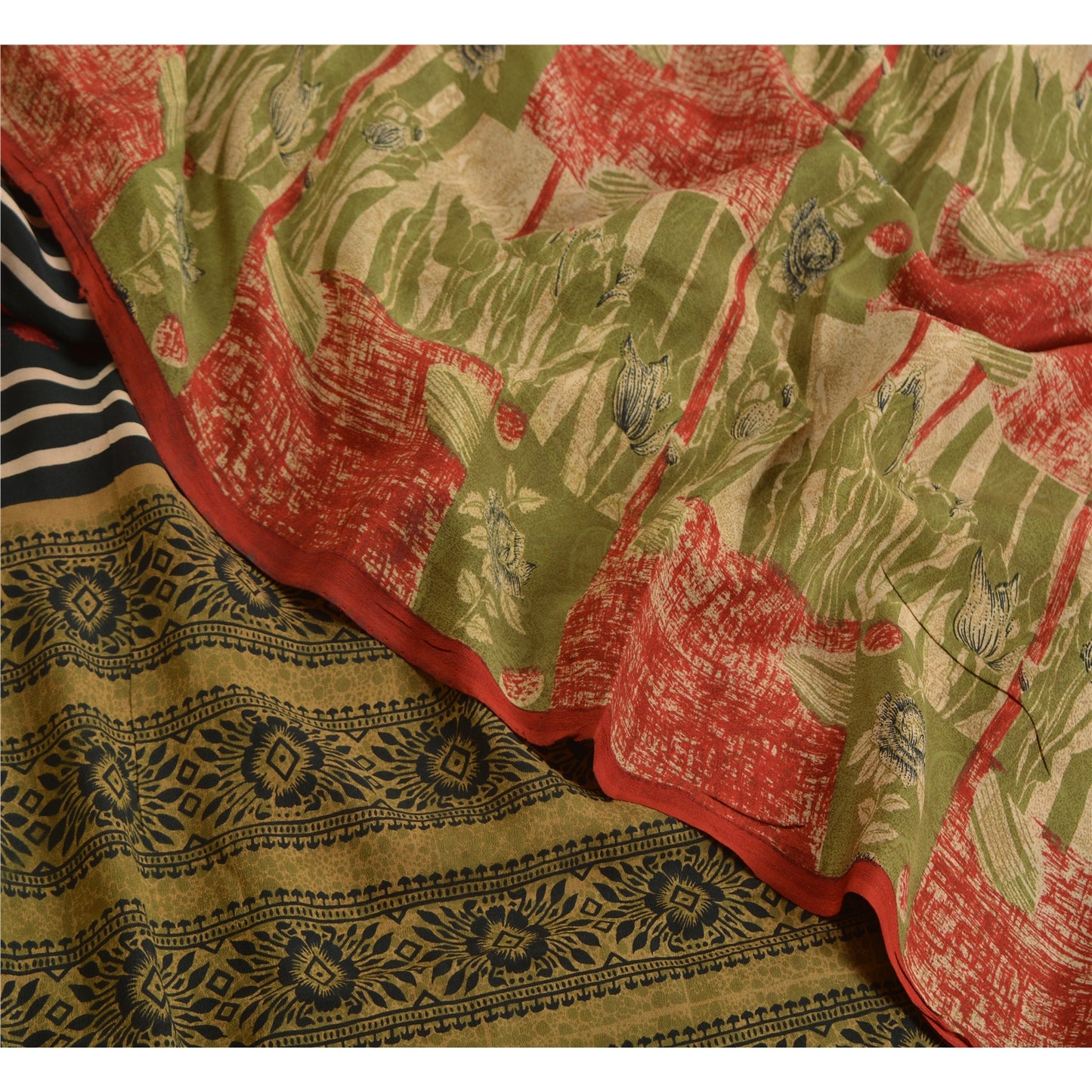 Сари Sanskriti Vintage, зеленое/красное, чистый креп-шелк, напечатанное сари, 5 ярдов, ткань для рукоделия, устойчивая к истиранию