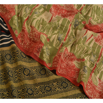 Сари Sanskriti Vintage, зеленое/красное, чистый креп-шелк, напечатанное сари, 5 ярдов, ткань для рукоделия, устойчивая к истиранию