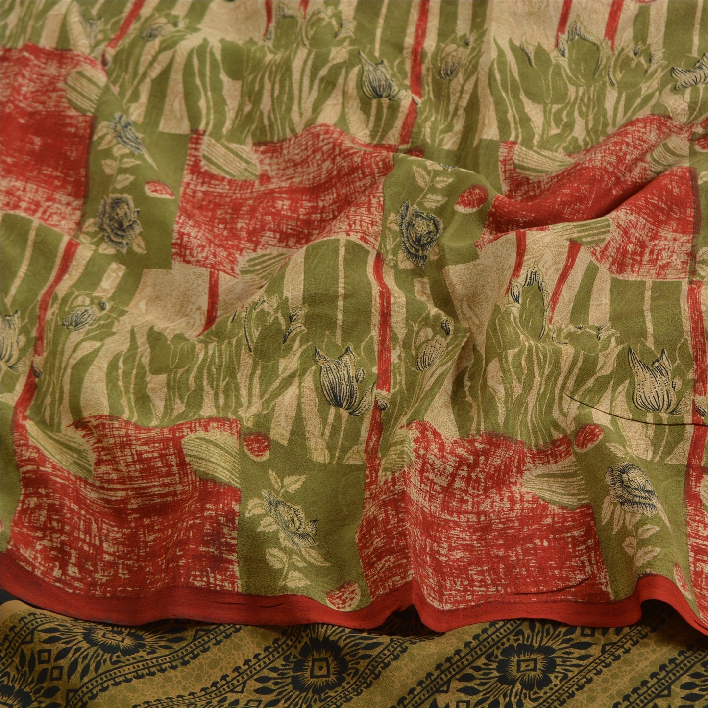Сари Sanskriti Vintage, зеленое/красное, чистый креп-шелк, напечатанное сари, 5 ярдов, ткань для рукоделия, устойчивая к истиранию