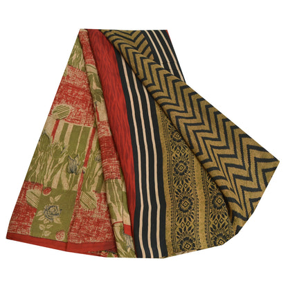 Сари Sanskriti Vintage, зеленое/красное, чистый креп-шелк, напечатанное сари, 5 ярдов, ткань для рукоделия, устойчивая к истиранию