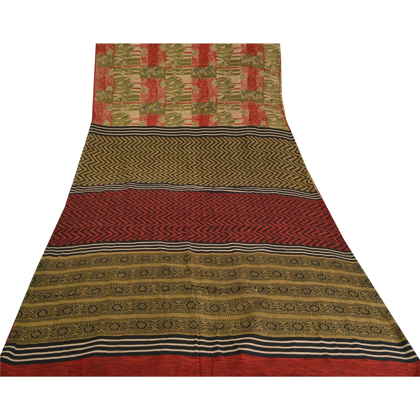 Сари Sanskriti Vintage, зеленое/красное, чистый креп-шелк, напечатанное сари, 5 ярдов, ткань для рукоделия, устойчивая к истиранию