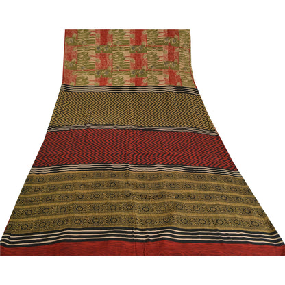 Сари Sanskriti Vintage, зеленое/красное, чистый креп-шелк, напечатанное сари, 5 ярдов, ткань для рукоделия, устойчивая к истиранию