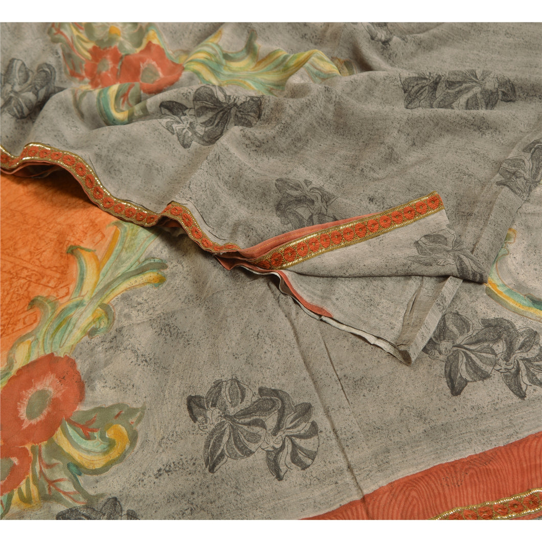 Sanskriti Vintage Sarees Indian Gray Pure Crepe Silk Printed Sari Craft Fabric