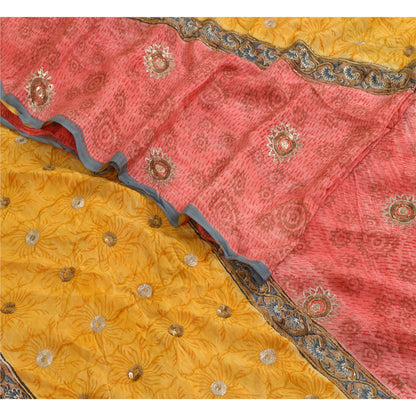 Sanskriti Vintage Sarees Red/Yellow Hand Beaded Pure Crepe Printed Sari Sustainable Fabric