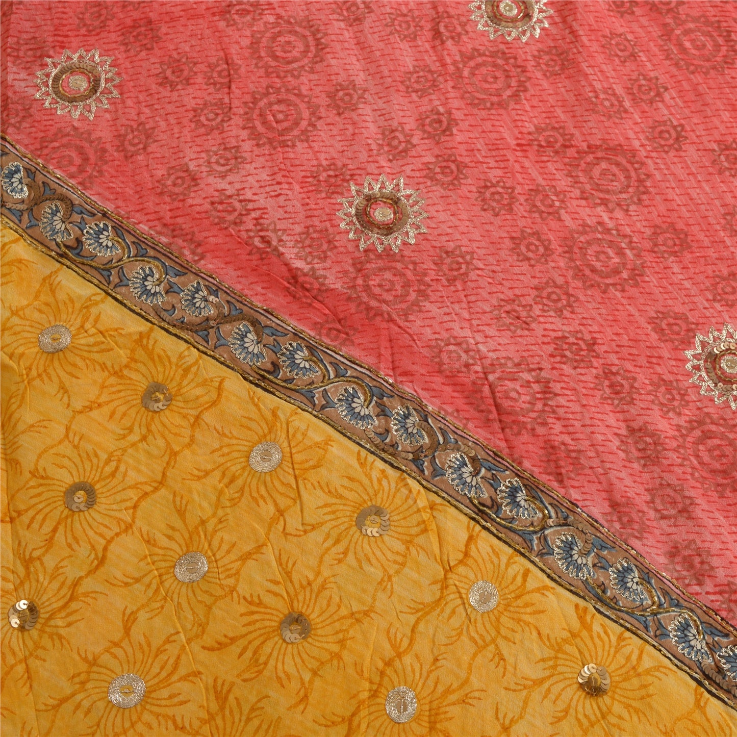 Sanskriti Vintage Sarees Red/Yellow Hand Beaded Pure Crepe Printed Sari Sustainable Fabric