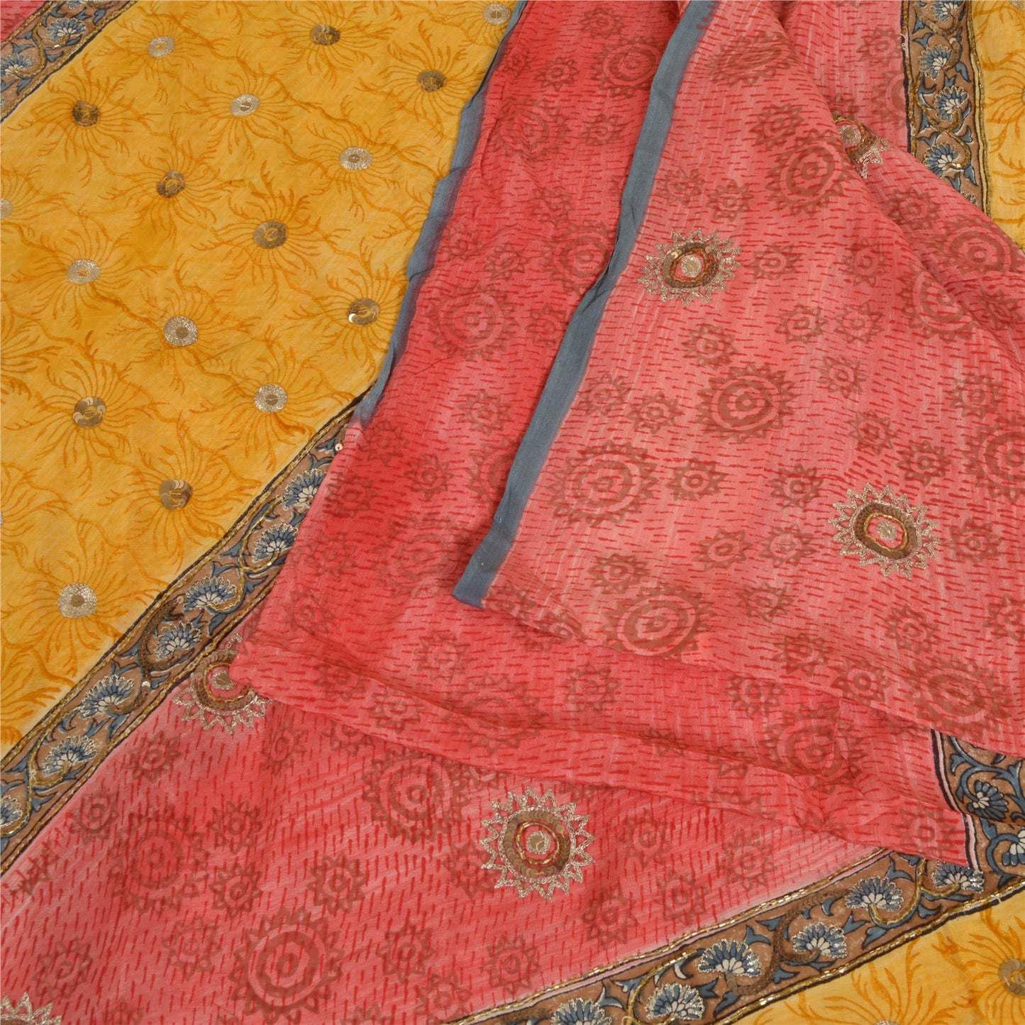 Sanskriti Vintage Sarees Red/Yellow Hand Beaded Pure Crepe Printed Sari Sustainable Fabric