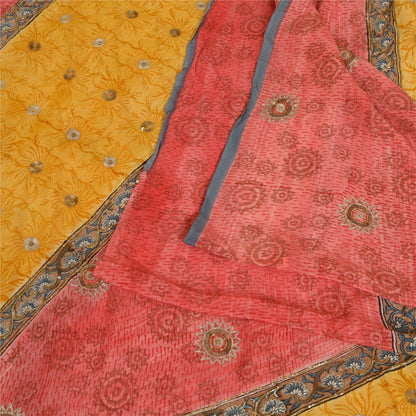 Sanskriti Vintage Sarees Red/Yellow Hand Beaded Pure Crepe Printed Sari Sustainable Fabric