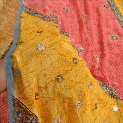 Sanskriti Vintage Sarees Red/Yellow Hand Beaded Pure Crepe Printed Sari Sustainable Fabric