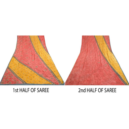 Sanskriti Vintage Sarees Red/Yellow Hand Beaded Pure Crepe Printed Sari Sustainable Fabric