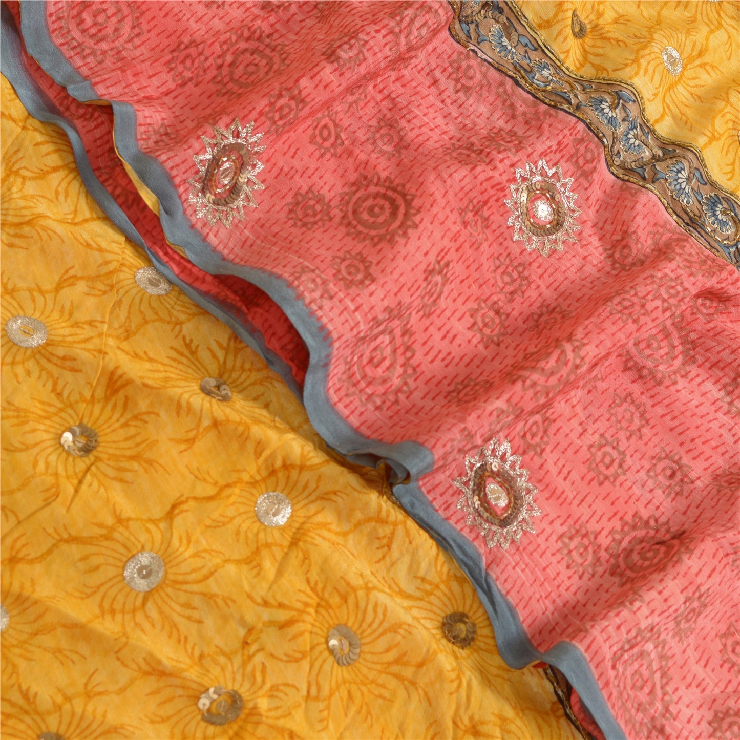 Sanskriti Vintage Sarees Red/Yellow Hand Beaded Pure Crepe Printed Sari Sustainable Fabric