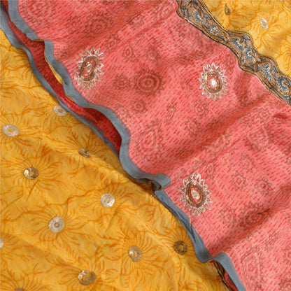 Sanskriti Vintage Sarees Red/Yellow Hand Beaded Pure Crepe Printed Sari Sustainable Fabric