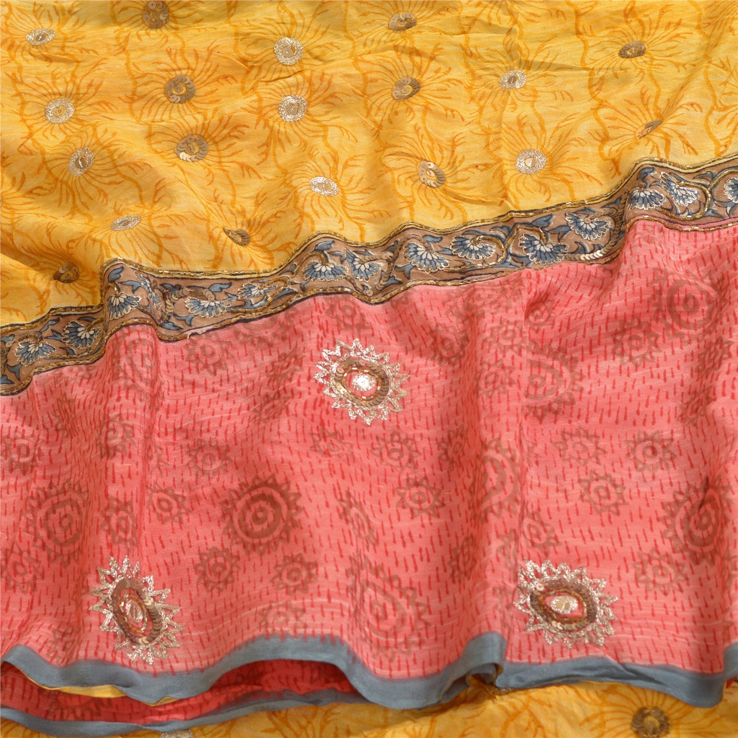 Sanskriti Vintage Sarees Red/Yellow Hand Beaded Pure Crepe Printed Sari Sustainable Fabric