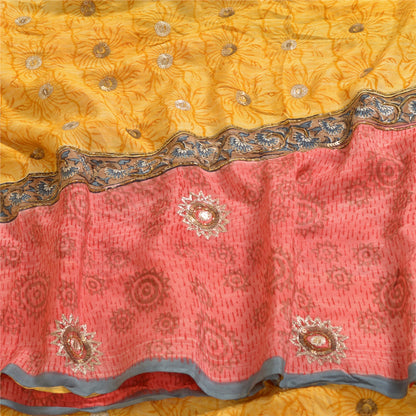 Sanskriti Vintage Sarees Red/Yellow Hand Beaded Pure Crepe Printed Sari Sustainable Fabric