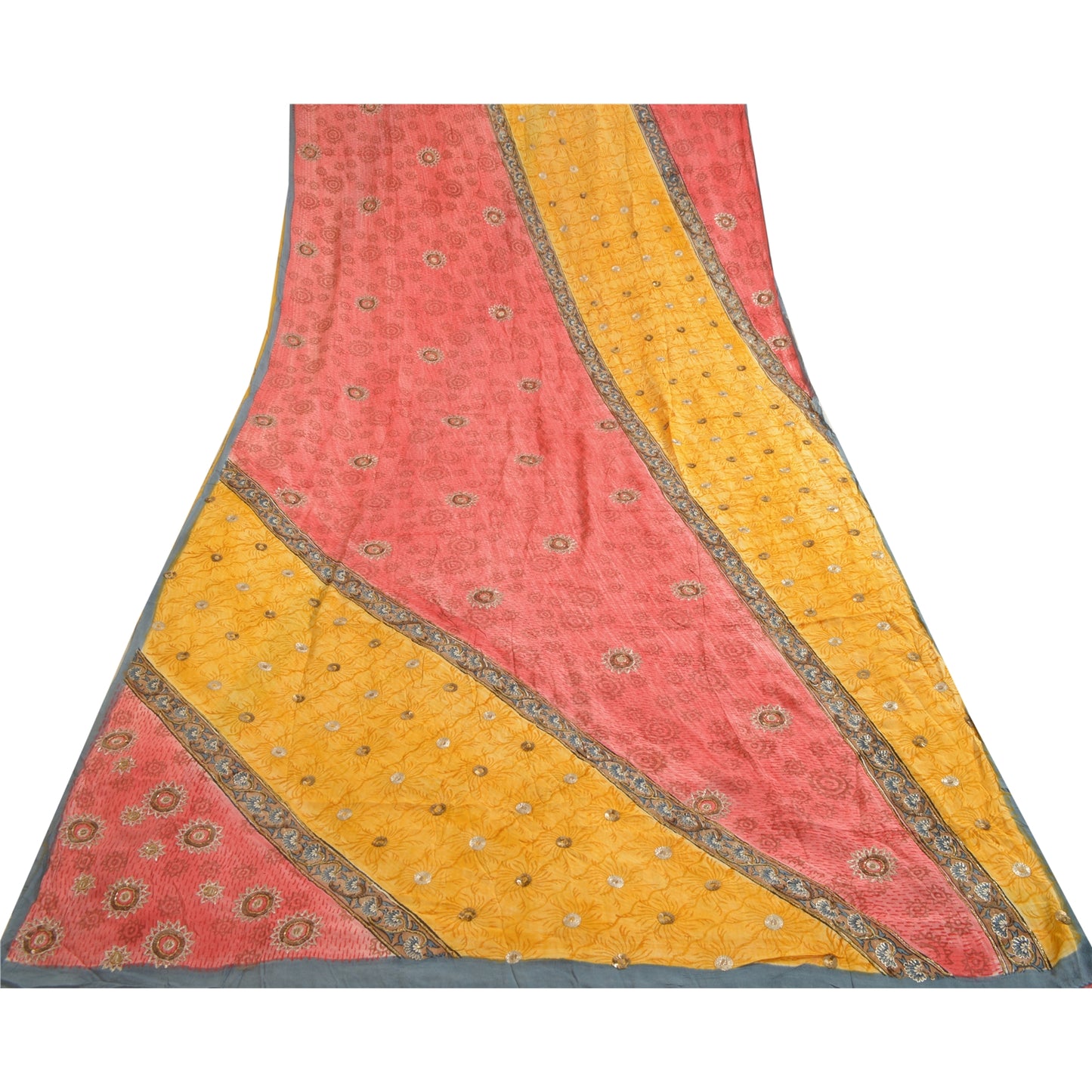 Sanskriti Vintage Sarees Red/Yellow Hand Beaded Pure Crepe Printed Sari Sustainable Fabric