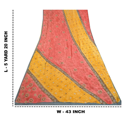Sanskriti Vintage Sarees Red/Yellow Hand Beaded Pure Crepe Printed Sari Sustainable Fabric