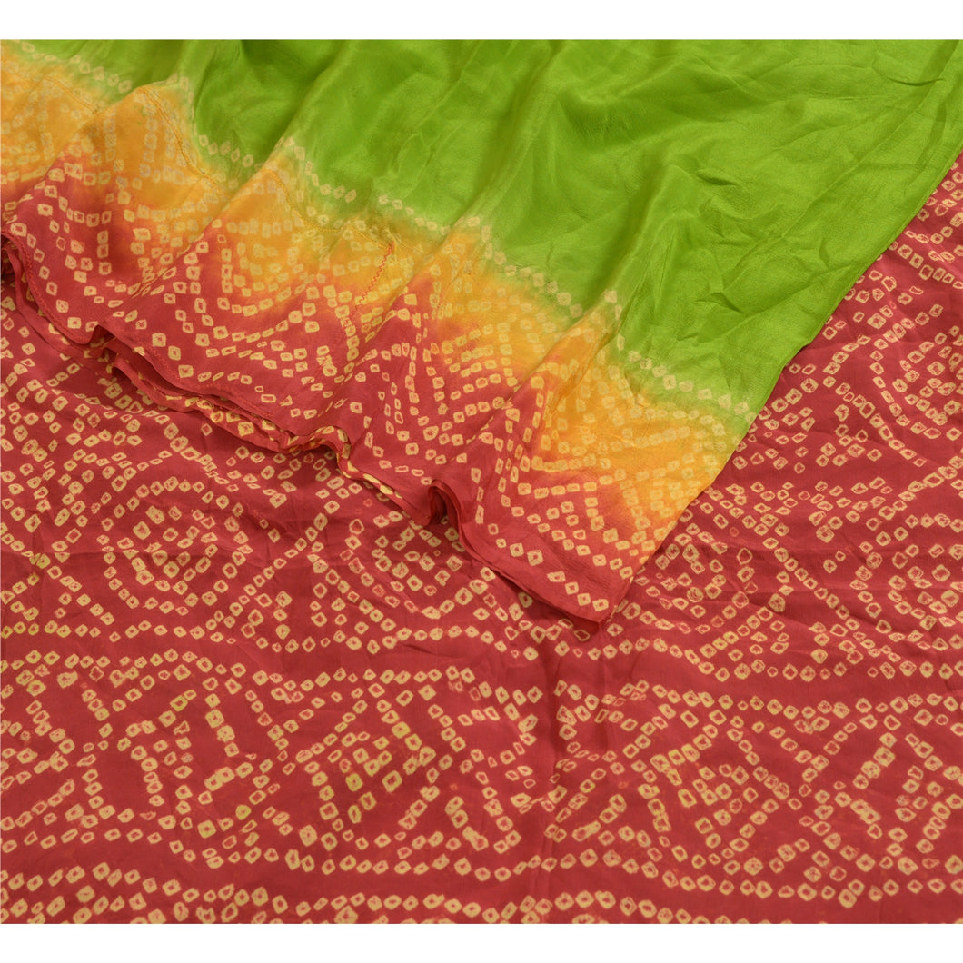 Sanskriti Vintage Sarees Green/Red Bandhani Printed Pure Crepe Sari Craft Fabric