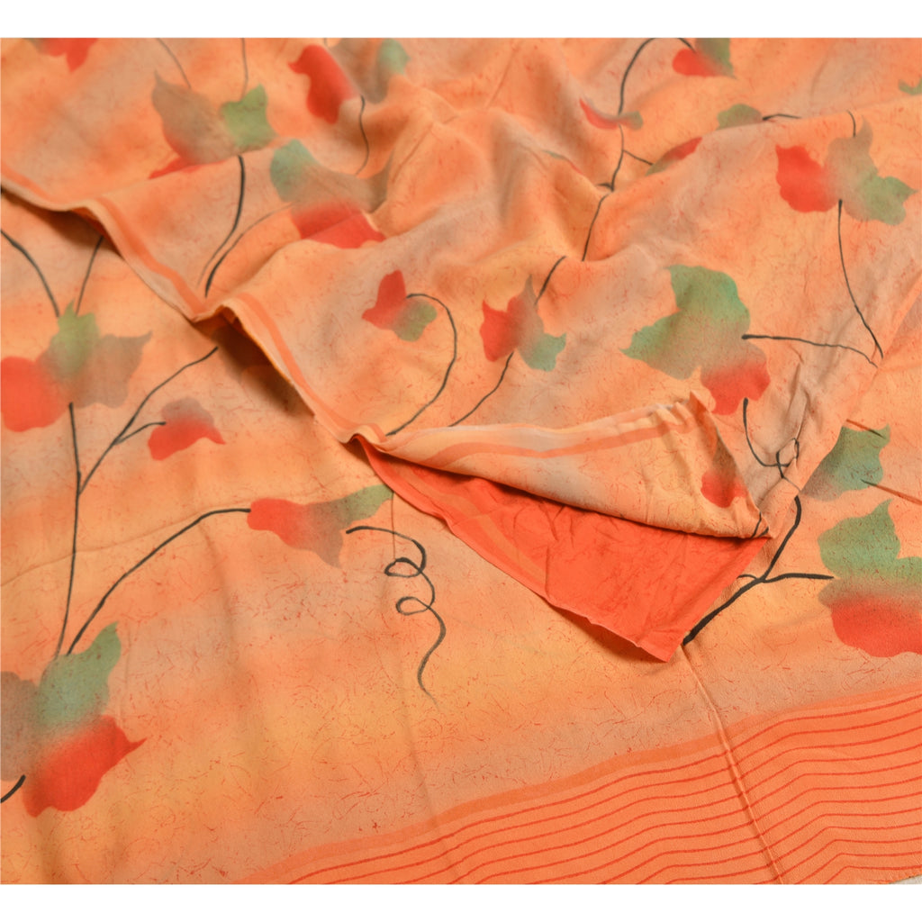 Sanskriti Vintage Sarees Peach/Orange Pure Crepe Silk Printed Sari Craft Sustainable Fabric
