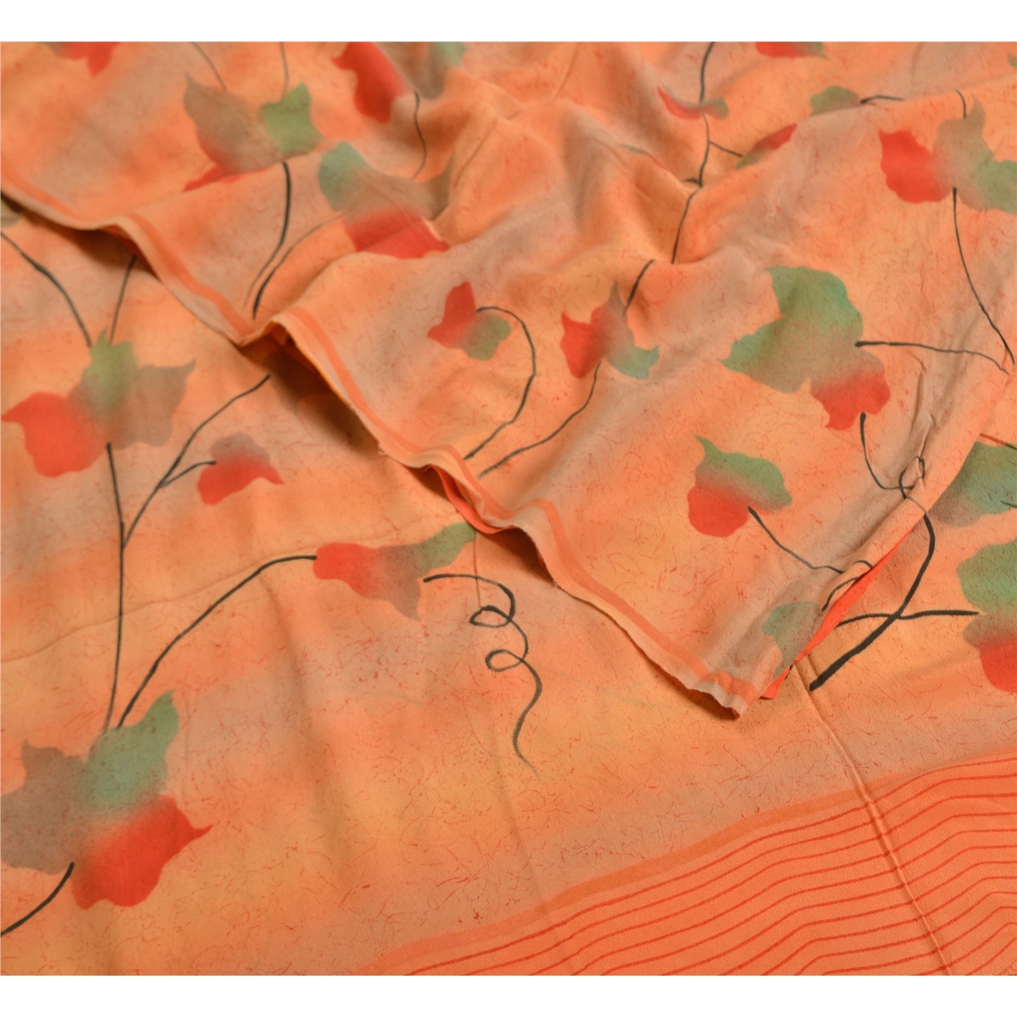 Sanskriti Vintage Sarees Peach/Orange Pure Crepe Silk Printed Sari Craft Sustainable Fabric