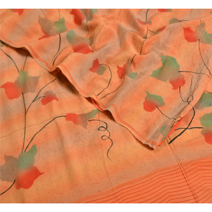 Sanskriti Vintage Sarees Peach/Orange Pure Crepe Silk Printed Sari Craft Sustainable Fabric