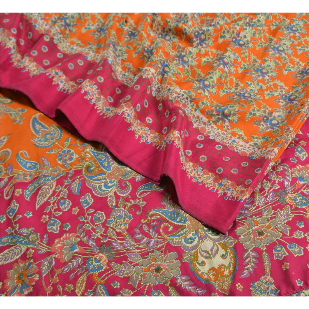 Sanskriti Vintage Sarees Orange/Pink Pure Crepe Silk Printed Sari Craft Fabric