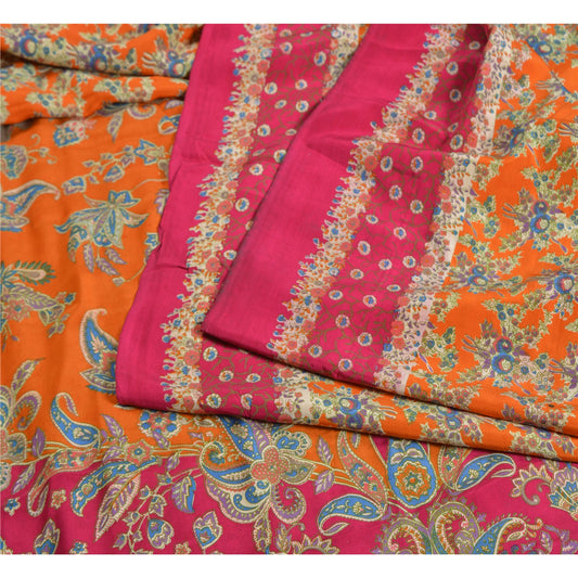 Sanskriti Vintage Sarees Orange/Pink Pure Crepe Silk Printed Sari Craft Sustainable Fabric