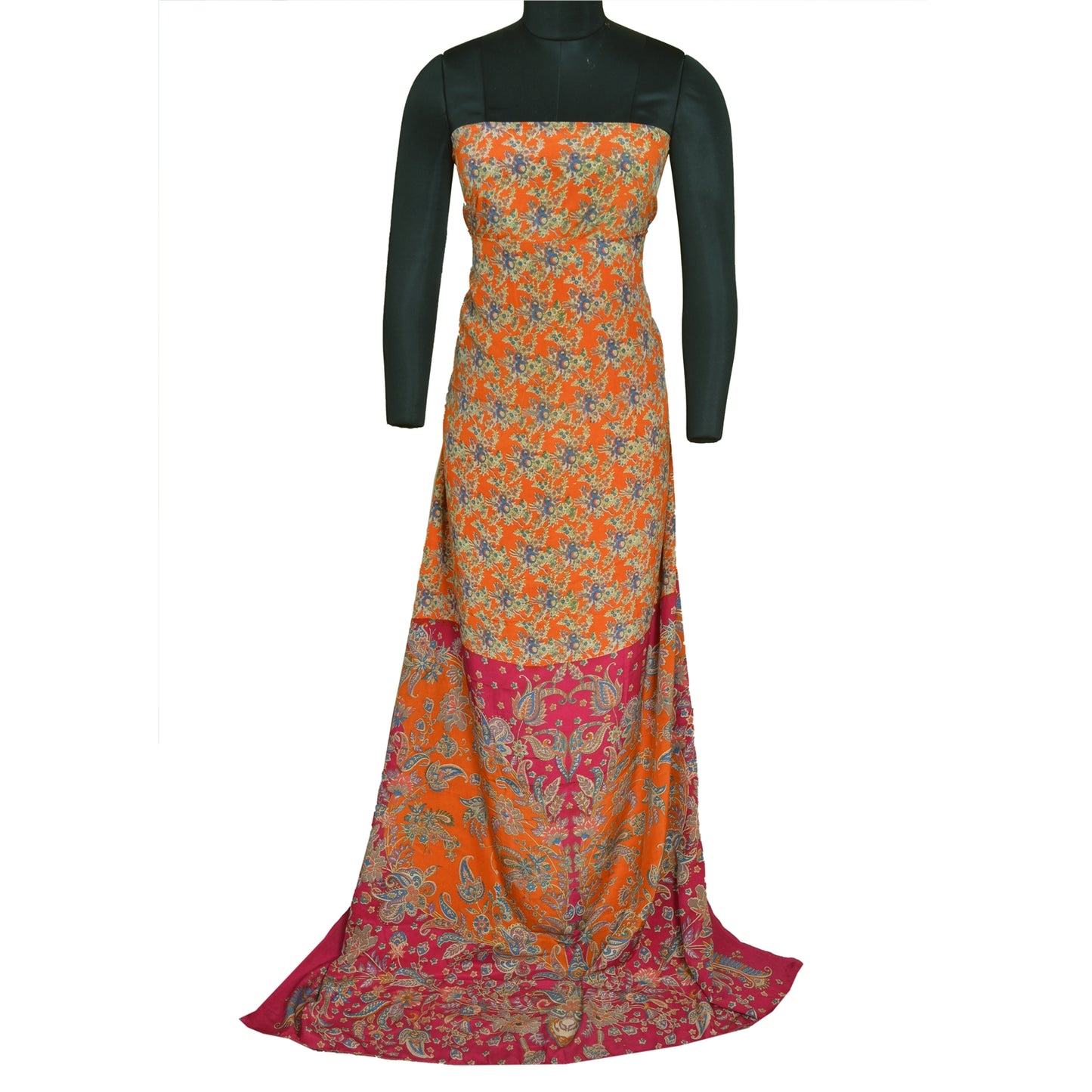 Сари в винтажном стиле на санскрите, оранжево-розовый, чистый крепированный шелк, напечатанный на ткани для сари, устойчивая ткань для рукоделия