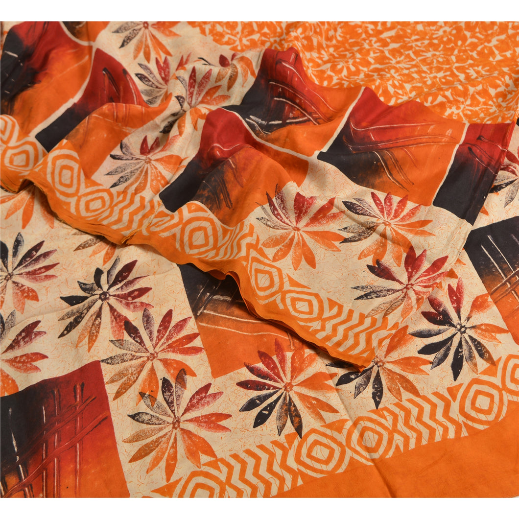 Sanskriti Vintage Sarees Orange Indian Pure Crepe Silk Printed Sari Craft Fabric