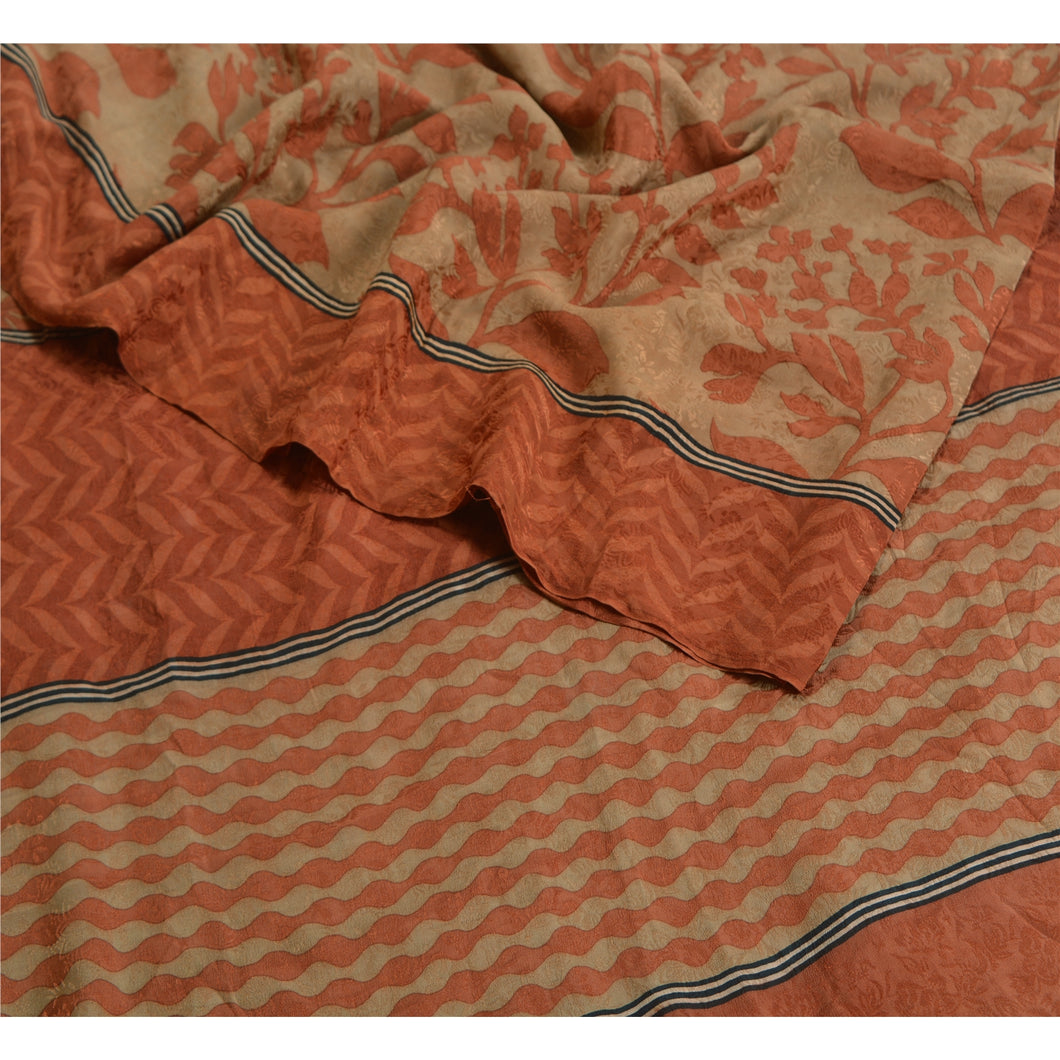Sanskriti Vintage Sarees Indian Orange Pure Crepe Silk Sari Soft Craft Fabric
