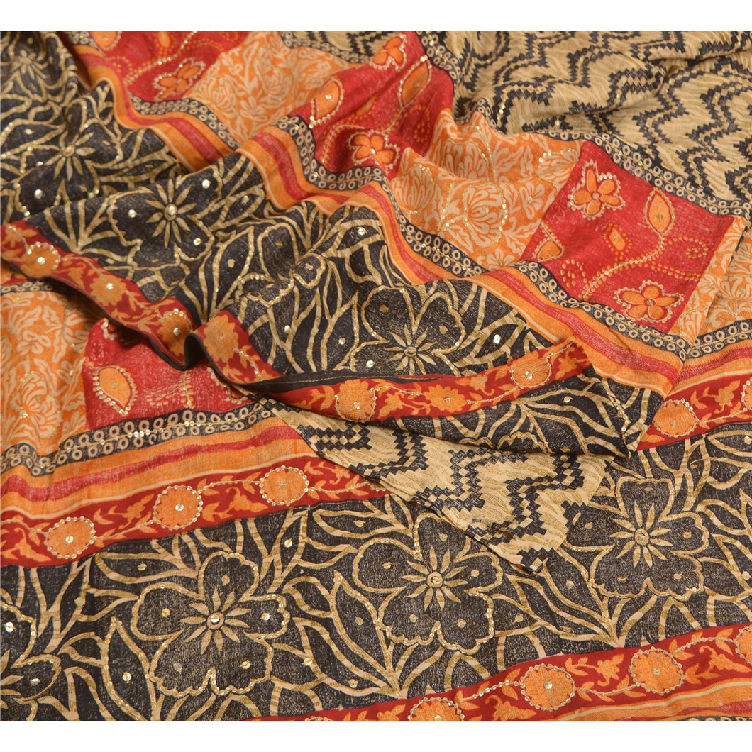 Sanskriti Vintage Sarees Black/Red Hand Beaded Pure Crepe Silk Sari Craft Fabric