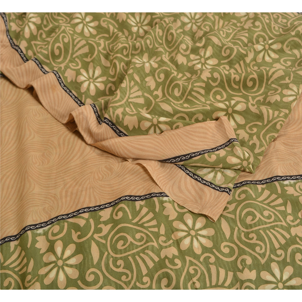 Sanskriti Vintage Sarees Indian Green Pure Crepe Silk Printed Sari Craft Fabric
