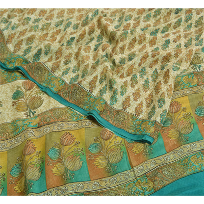 Sanskriti Vintage Sarees Indisk Cremefarvet Ren Crepe Silke Trykt Sari Håndværk Bæredygtigt Stof