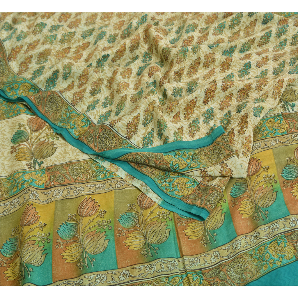 Sanskriti Vintage Sarees Indisk Cremefarvet Ren Crepe Silke Trykt Sari Håndværk Bæredygtigt Stof