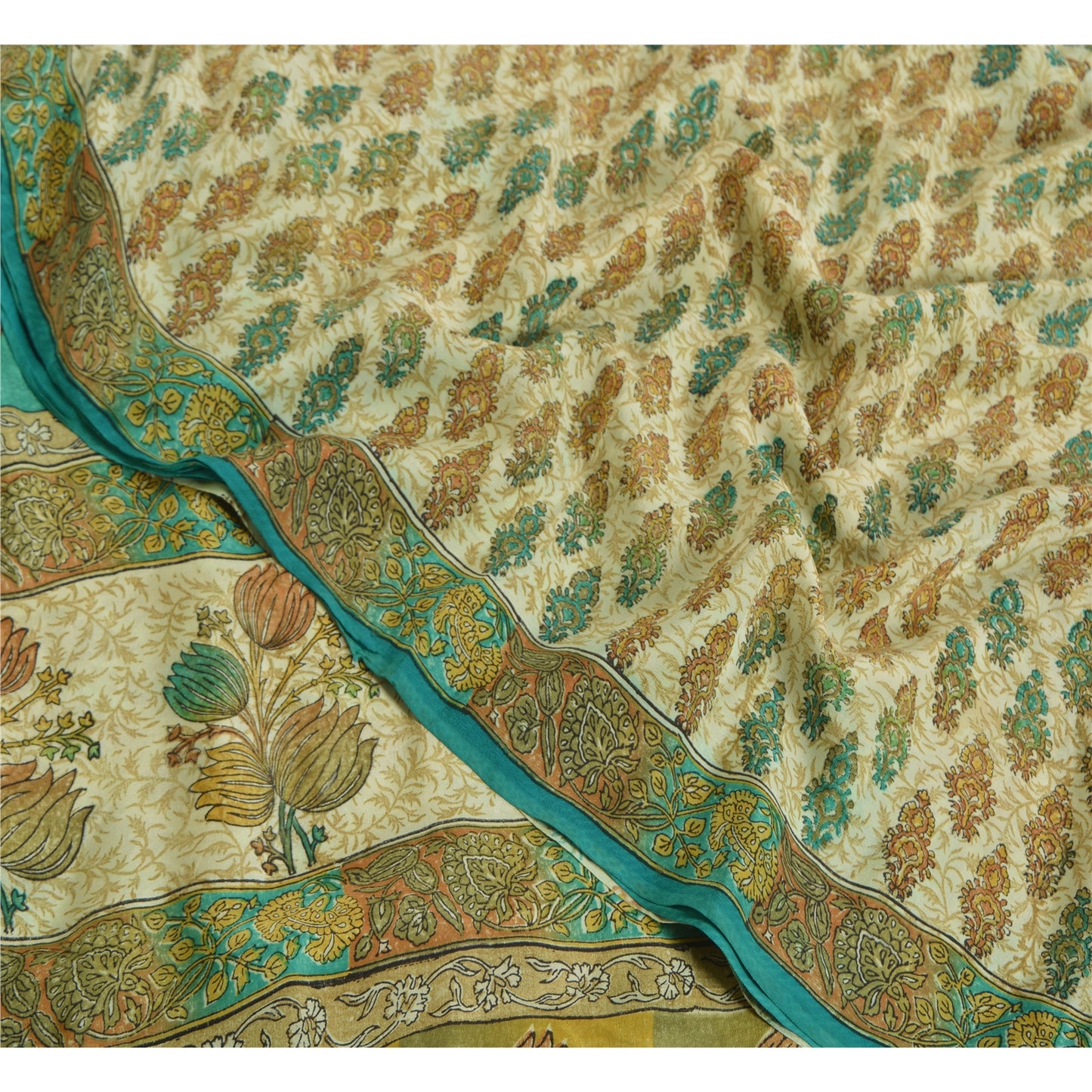 Sanskriti Vintage Sarees Indisk Cremefarvet Ren Crepe Silke Trykt Sari Håndværk Bæredygtigt Stof