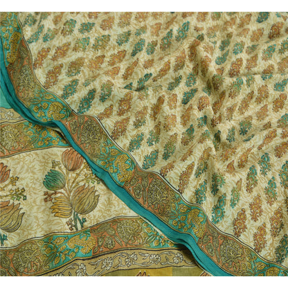 Sanskriti Vintage Sarees Indisk Cremefarvet Ren Crepe Silke Trykt Sari Håndværk Bæredygtigt Stof
