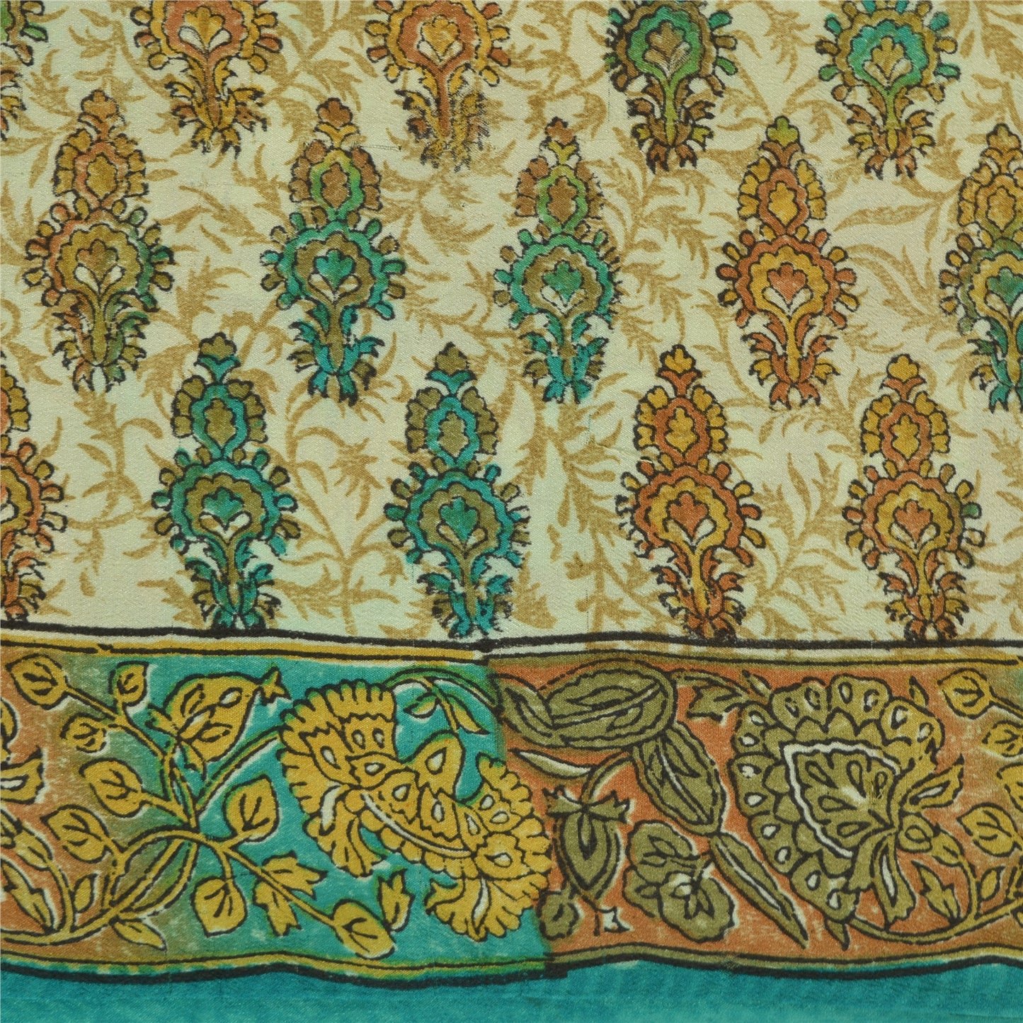 Sanskriti Vintage Sarees Indisk Cremefarvet Ren Crepe Silke Trykt Sari Håndværk Bæredygtigt Stof