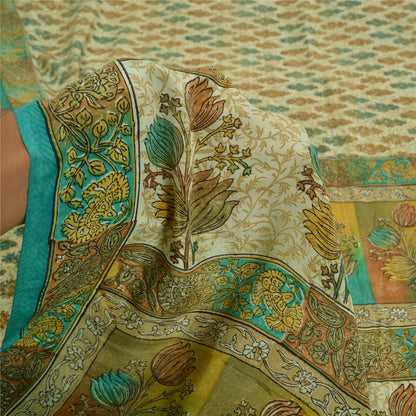 Sanskriti Vintage Sarees Indisk Cremefarvet Ren Crepe Silke Trykt Sari Håndværk Bæredygtigt Stof