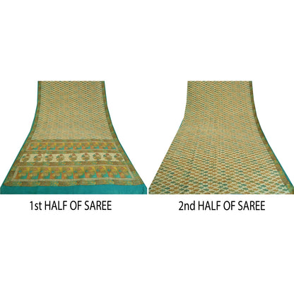 Sanskriti Vintage Sarees Indisk Cremefarvet Ren Crepe Silke Trykt Sari Håndværk Bæredygtigt Stof