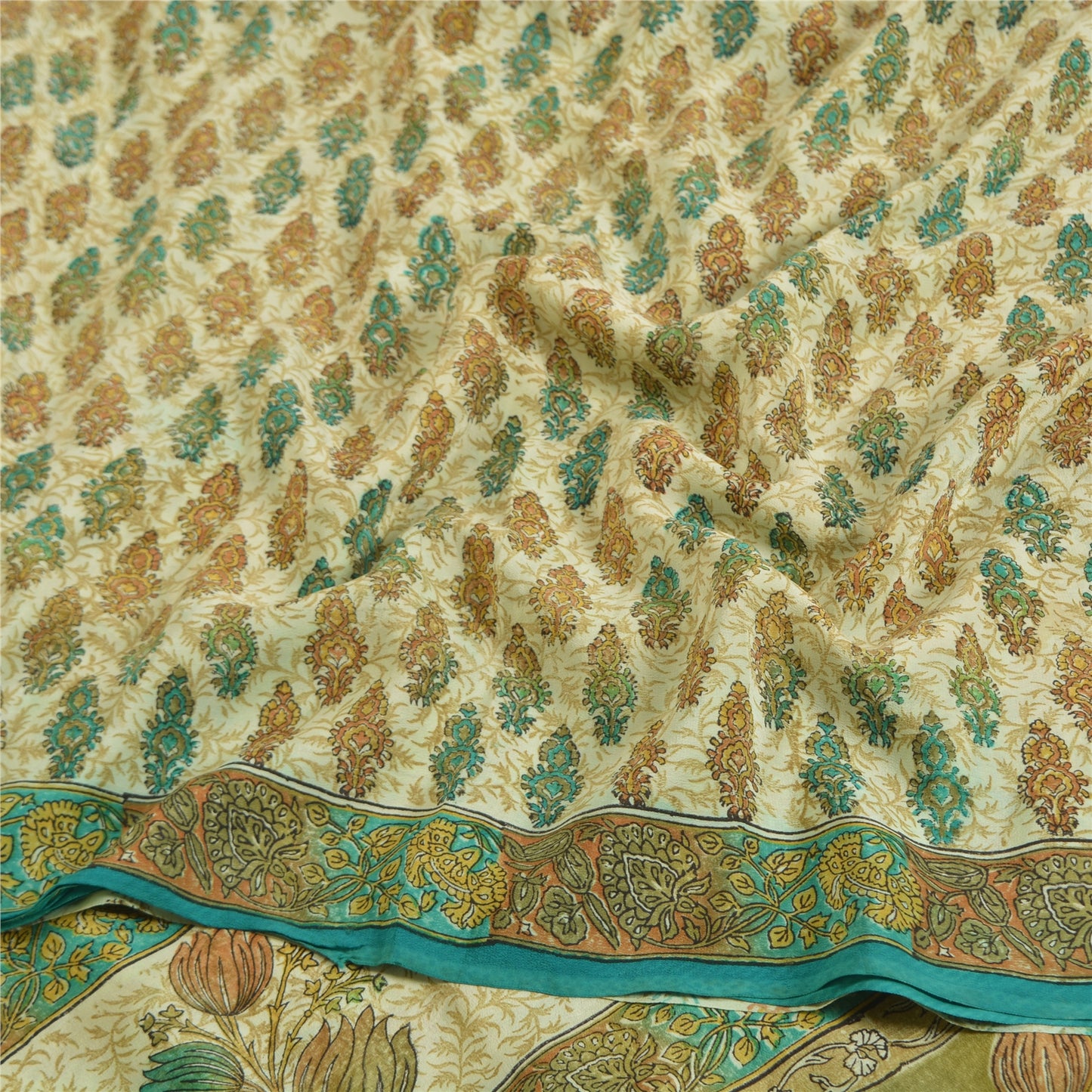 Sanskriti Vintage Sarees Indisk Cremefarvet Ren Crepe Silke Trykt Sari Håndværk Bæredygtigt Stof