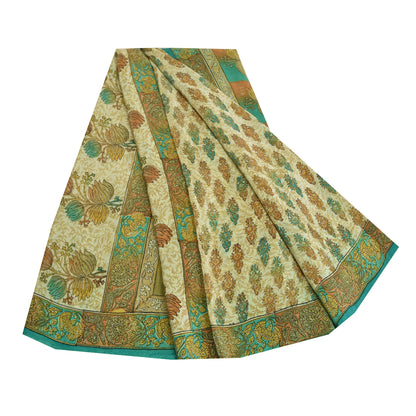 Sanskriti Vintage Sarees Indisk Cremefarvet Ren Crepe Silke Trykt Sari Håndværk Bæredygtigt Stof