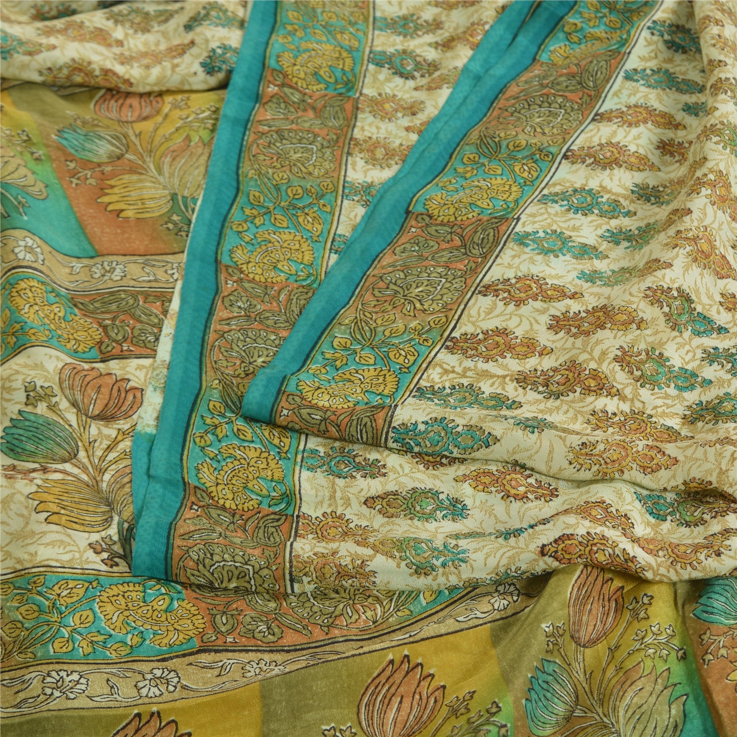 Sanskriti Vintage Sarees Indisk Cremefarvet Ren Crepe Silke Trykt Sari Håndværk Bæredygtigt Stof