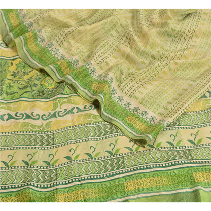 Sanskriti Vintage Sarees Cream/Green Pure Crepe Silk Printed Sari Craft Sustainable Fabric