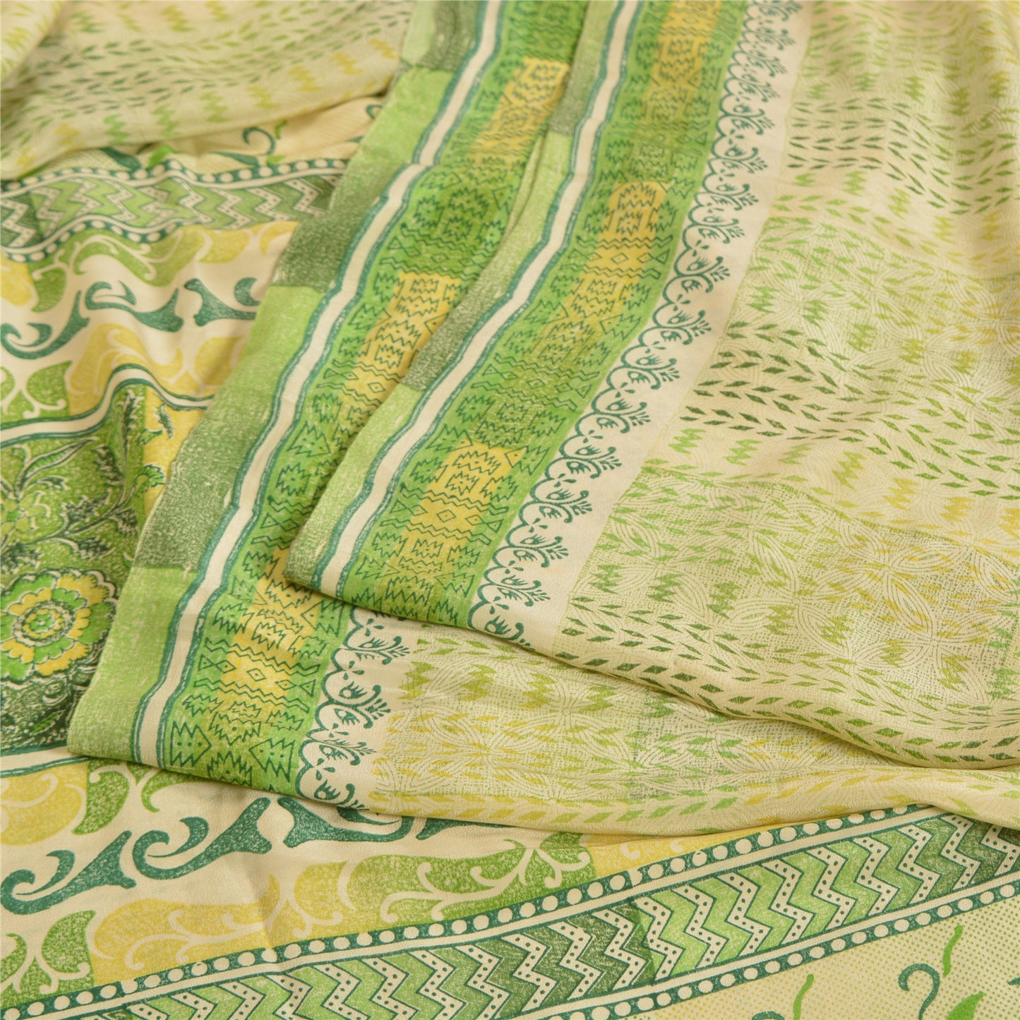 Sanskriti Vintage Sarees Cream/Green Pure Crepe Silk Printed Sari Craft Sustainable Fabric