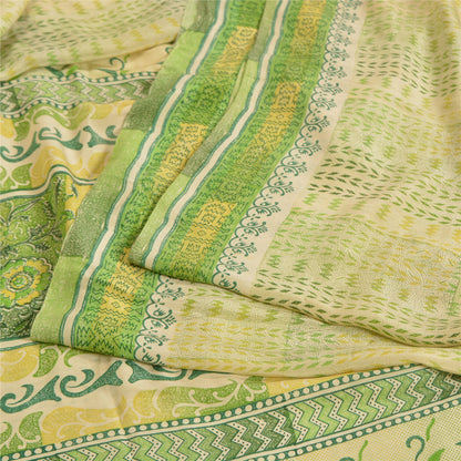 Sanskriti Vintage Sarees Cream/Green Pure Crepe Silk Printed Sari Craft Sustainable Fabric