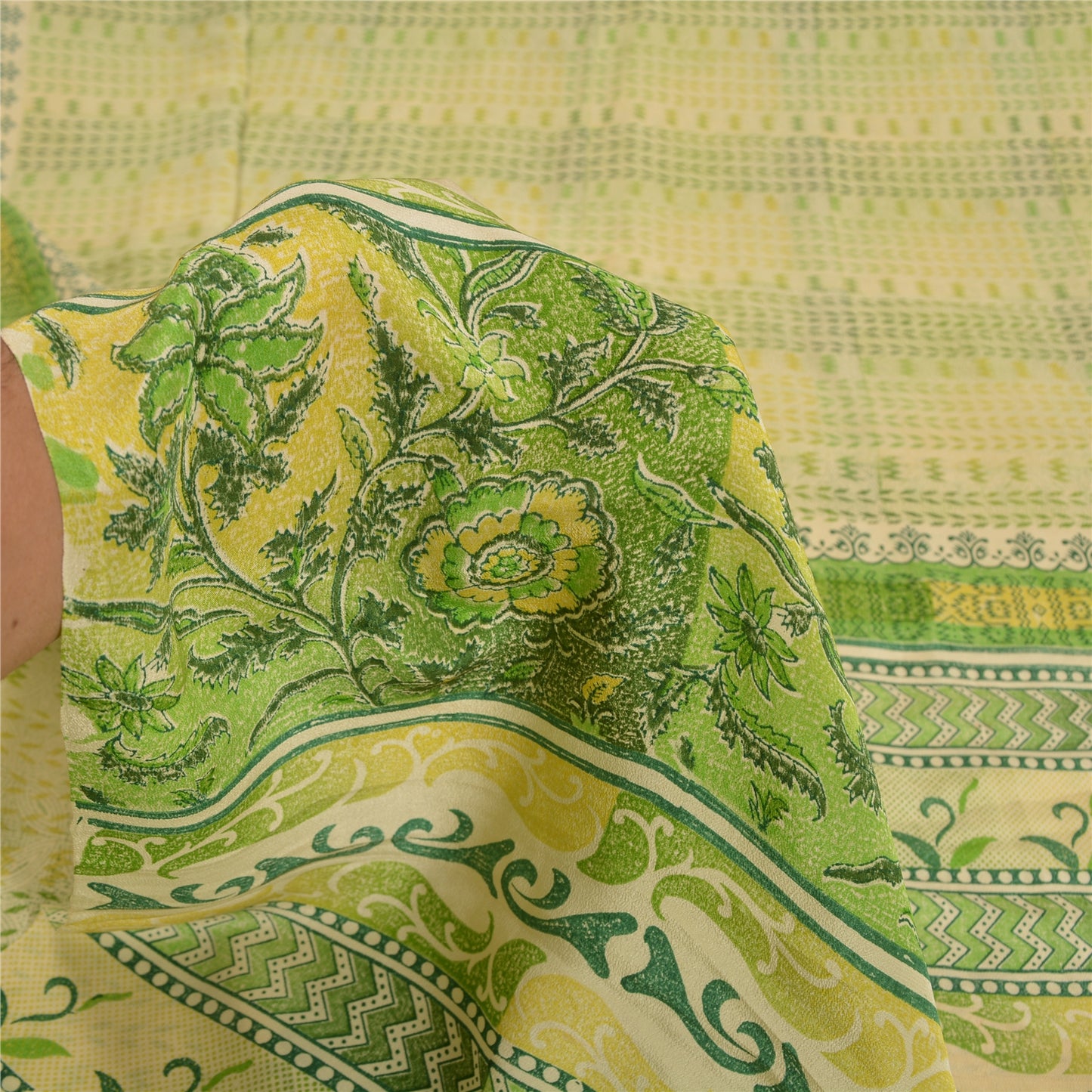 Sanskriti Vintage Sarees Cream/Green Pure Crepe Silk Printed Sari Craft Sustainable Fabric