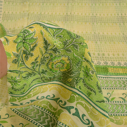 Sanskriti Vintage Sarees Cream/Green Pure Crepe Silk Printed Sari Craft Sustainable Fabric